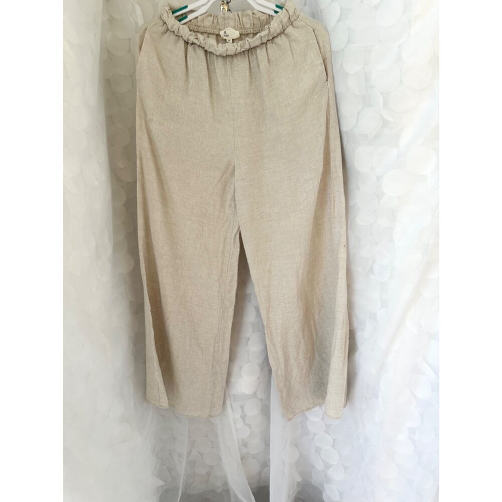 100% LINEN Women's medium Beige WIDE PALAZZO pants Luxury “a. REN “ elastic